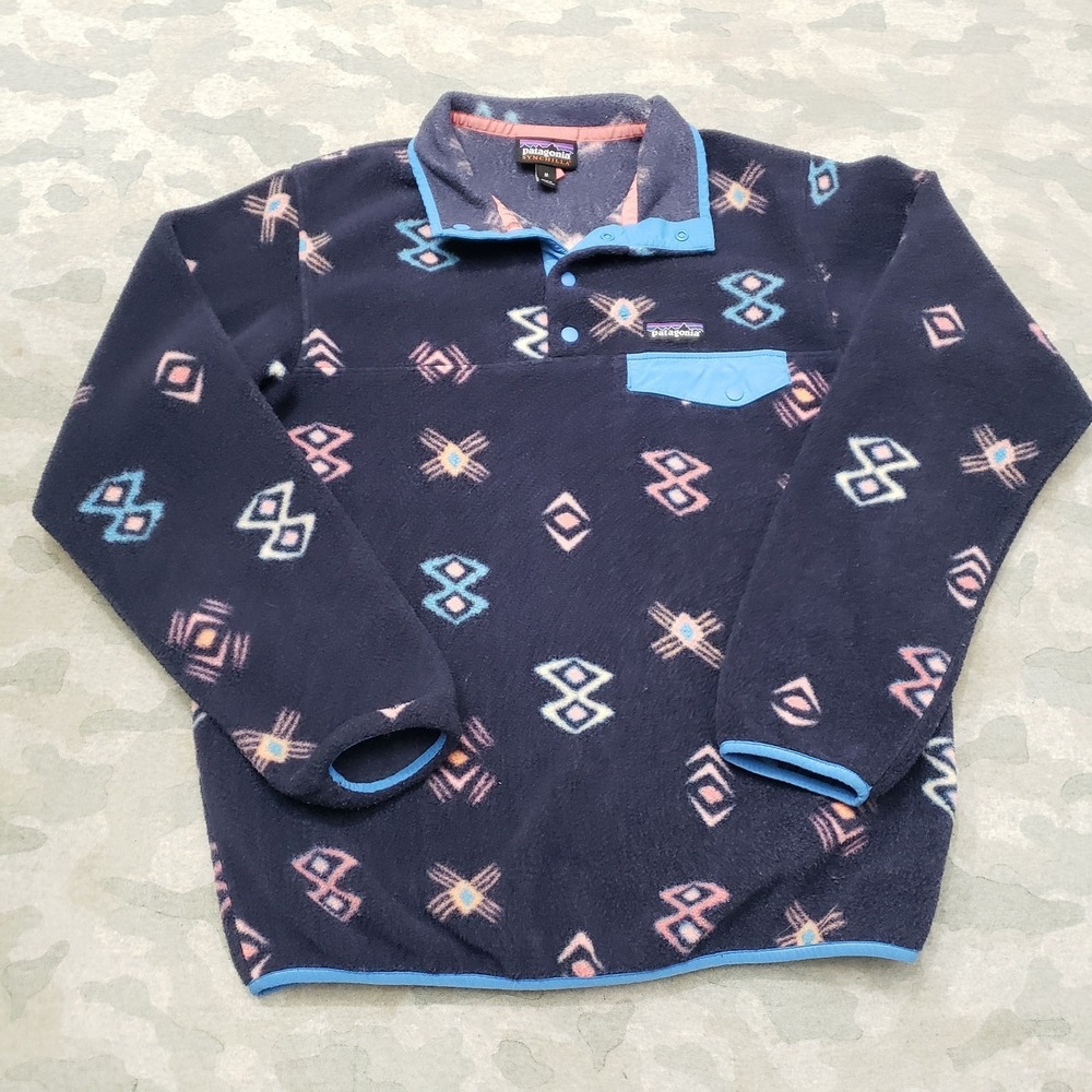 Patagonia Synchilla Sweater Womens Medium Blue Snap T Fleece Aztec